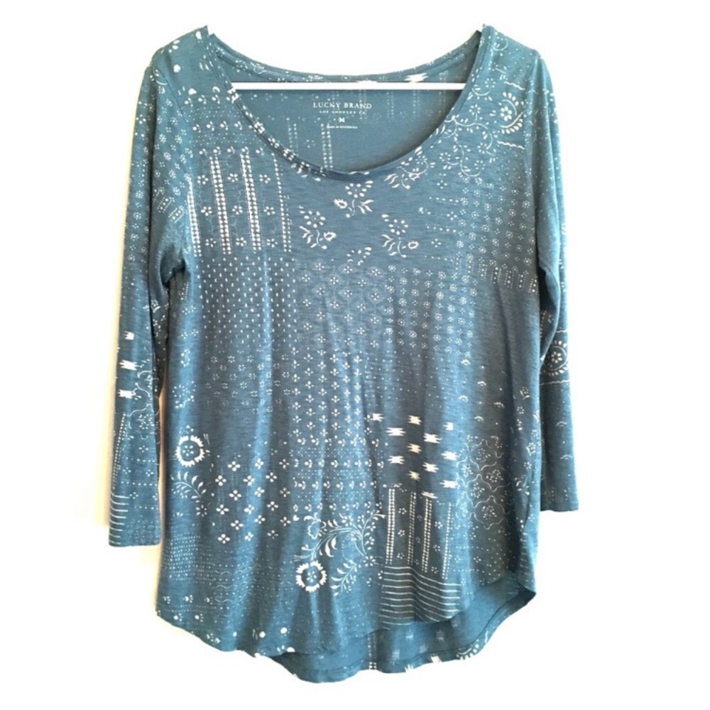Lucky Brand Blue Supima Cotton Floral Print Top